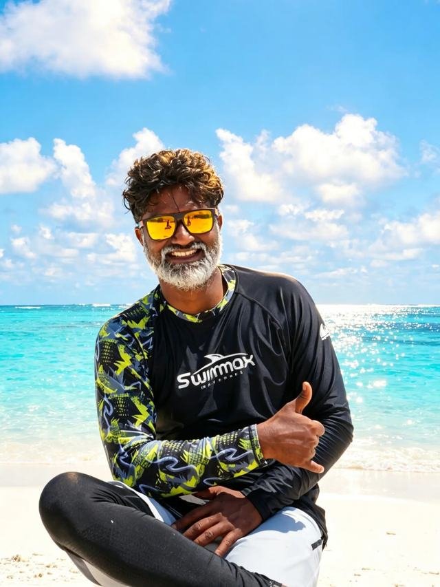 Ahmed Farooq — Faddo — sitting on the sand at Ukulhas in a rash vest, smiling, with the lagoon and the reef line behind him.