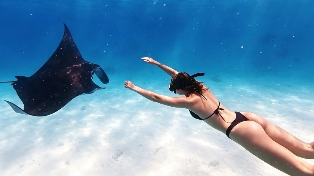 A manta ray passing close over pale sand, a freediver stretched out alongside it.